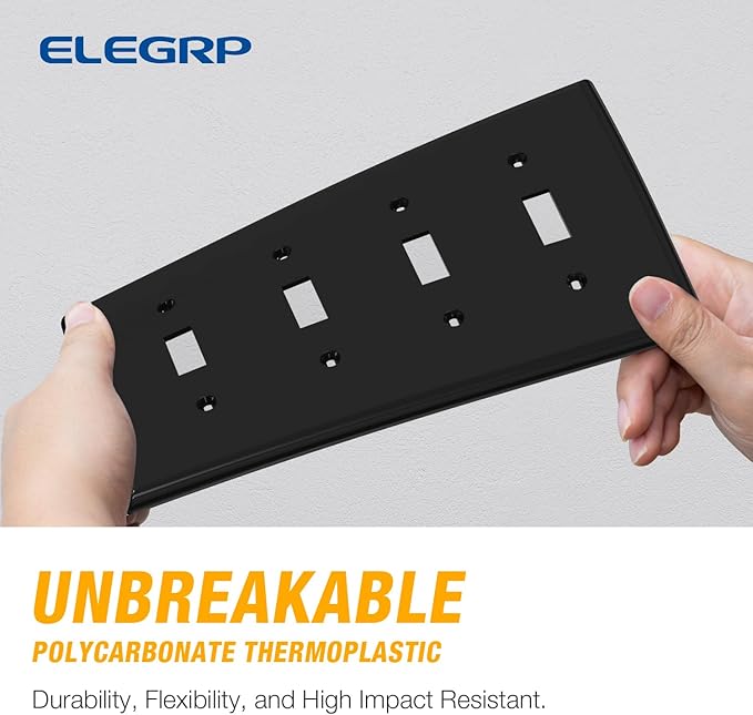 ELEGRP Toggle Light Switch Wall Plate, 4-Gang Standard Size Switch Covers, Unbreakable Polycarbonate Replacement Faceplates Covers, UL Listed, Color-matched Screws Included (1 Pack, Glossy Black)