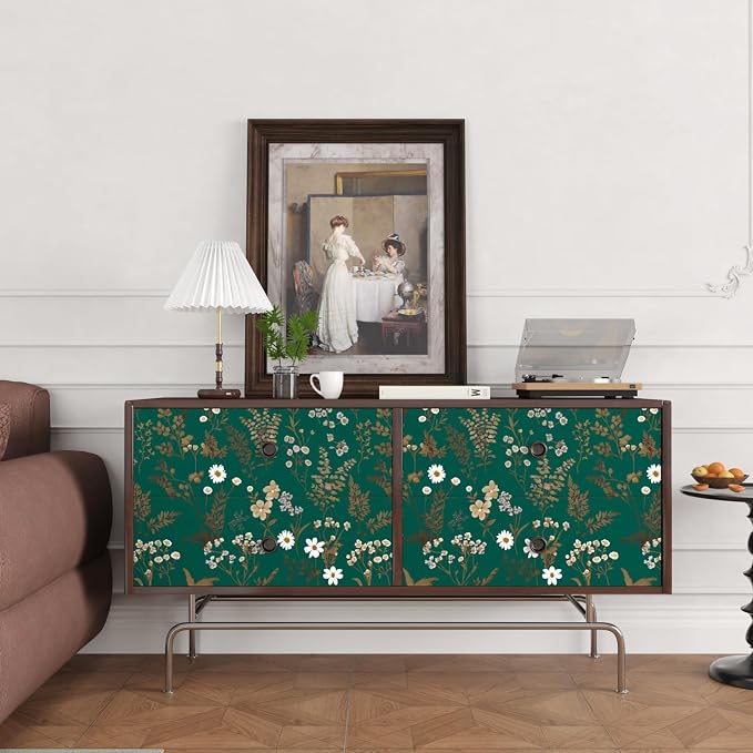 Laatse Dark Floral Wallpaper Peel and Stick 17.5in x393in Vintage Green Gold Leaf Wallpaper Vinyl Waterproof Self-Adhesive Boho Botanical Wall Paper Mural for Cabinet Bookcase Bedroom Decor