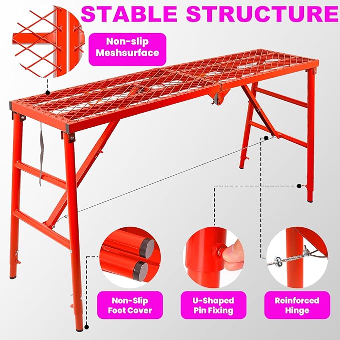 900LBS Foldable Work Platform Scaffolding, Portable Scaffolding Ladder with 5-Level 34"-53" Height Adjustable Welded Steel Work Platform, Multi-Purpose Scaffold Ladder for Painting, Wiring, Home Decor