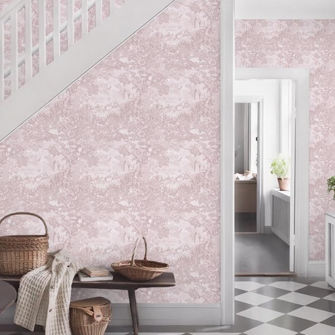 Ismoon Pink Peel and Stick Wallpaper Neutral Wall Paper 17.3in×6.56ft Vintage Removable Self-Adhesive Wallpaper Animals Jungle Contact Paper for Cabinets Bathroom Walls Covering Vinyl Roll