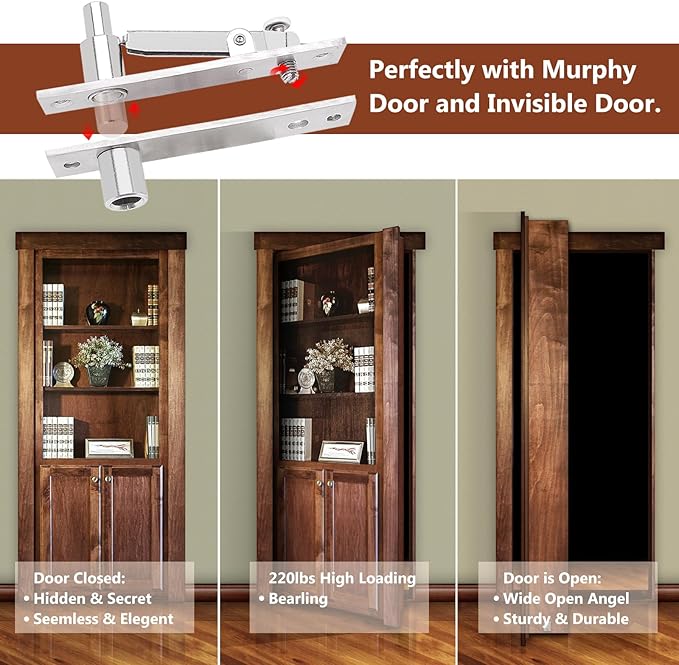 Heavy Duty Pivot Hinge Set with Door Ball Catch for Wood Door, HBL' Hidden Door Hinge for Secret Door, Swing Door, with 360 Degree Rotation, Invisible Pivot Door Hardware for Bookshelf.