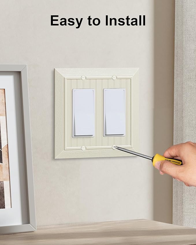 2-Pack Classic Beadboard Decorative Double Decorator Outlet Cover Plate, Light Almond Unbreakable Polycarbonate Wall Plates for Electrical Outlets, Receptacle, GFCI Outlet, Dimmer Switch, 2-Gang