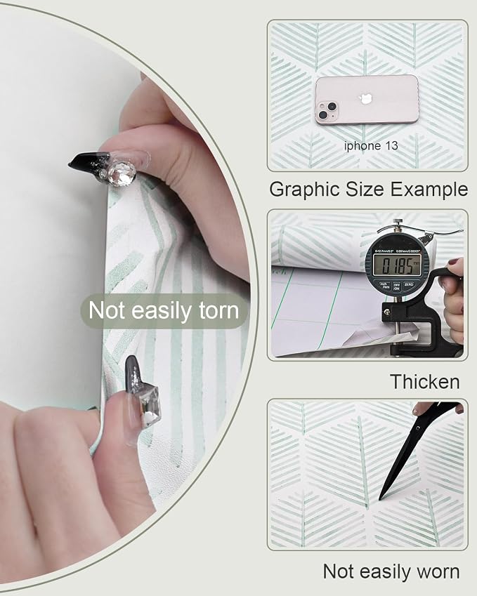 MelunMer Geometric Peel and Stick Wallpaper Boho Green White 17.3''×591'' | Modern Self Adhesive Removable Wallpaper for Bedroom/Bathroom Waterproof, Contact Paper for Cabinets, Drawers Easy to Install