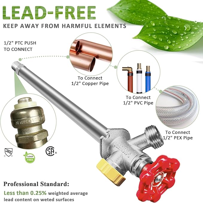 12inch Anti-Siphon Frost Free Sillcock, No Lead Brass Frost Proof Outdoor Faucet Bib with Backflow Preventer, 1/2" Push-to-Fit Connector X 3/4 Inch Hose Bibb Frost Free Spigot