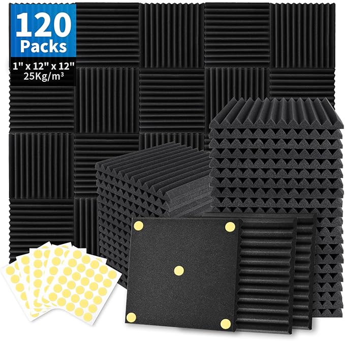 Focusound 120 Pack Acoustic Foam Panels 1" x 12" x 12" Sound Proof Foam Panels Soundproofing Noise Cancelling Wedge Panels for Home Office Recoding Studio with 600 PCS Double-Side Adhesive