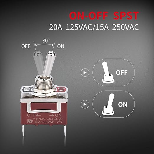 DaierTek SPST Waterproof Toggle Switch 12V DC 30A 125VAC 20A Marine Heavy Duty 2 Pin ON Off Spade Terminals for Automotive Car Boat -2 Pack