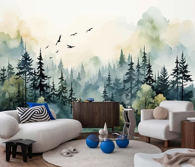 Jdayda Green Forest Woodland Wallpaper Mural Large Art Wall Decorative | 106"x75" Not Self-Adhesive Mural for Bedroom Living Room