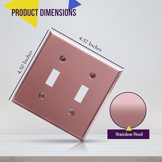 ENERLITES Toggle Light Switch Metal Wall Plate, Stainless Steel Switch Cover, Corrosion Resistant, Standrad Size 2-gang 4.50" x 4.57", Stainless Steel 201, 7712-PRG, Polished Rose Gold (Pack of 1)