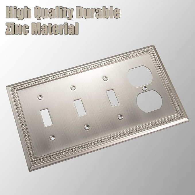 Henne Bery Sunken Pearls Heavy Duty Decorative Wall Plate Switch Plate Outlet Cover (Triple Toggle/Single Duplex, Satin Nickel)