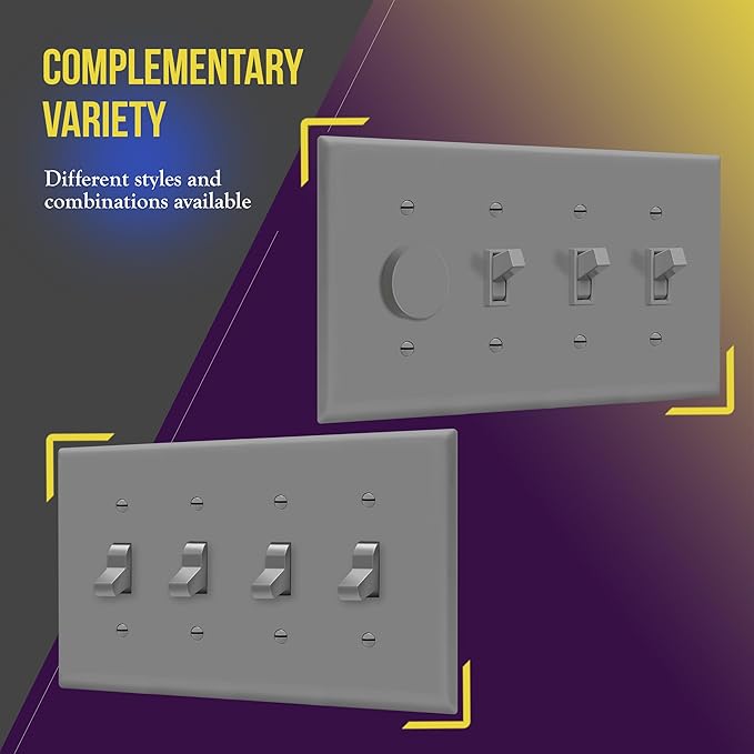 ENERLITES Quad Light Switch Wall Plate, Toggle Switch Plate, Gloss Finish, 4-Gang Mid-Size 4.88" x 8.58", Unbreakable Polycarbonate Thermoplastic, 8814M-GY, Gray