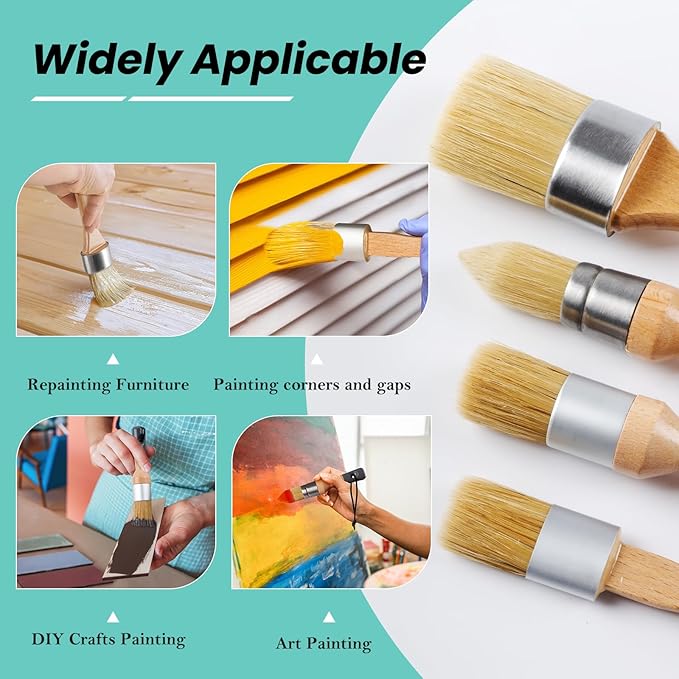 Mister Rui Chalk Paint Brush, 4 pcs Wax Paint Brush Set, Wax Brushes for Waxing and Stenciling, Natural Bristles Round Paint Brushes, Ideal for DIY Home Decor, Art Crafts