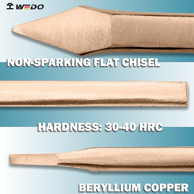 WEDO Non-Sparking Flat Chisel Pointy Head,Cold Chisel,Beryllium Copper,4x7x200mm,Non-Magnetic,BAM & FM Certificate,Cone Chisel for Carpentry, Metalwork, Woodwork & Masonry work