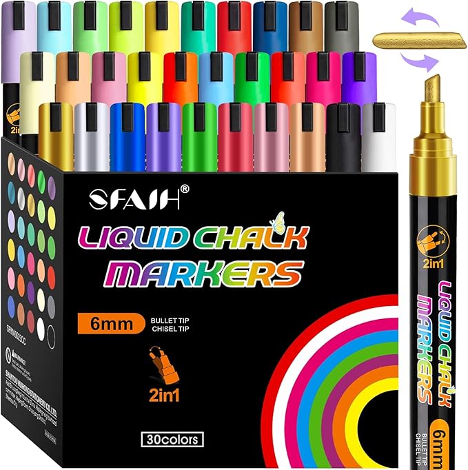 SFAIH Liquid Chalk Markers [1-Second Wet Wipe] No Residue - 6mm 30 Colors [Neon+Pastel+Metallic] Zero Dust Chalkboard Markers for Chalkboard Calendar, Glass, Window, Menus, Labels, Signs, Bistro