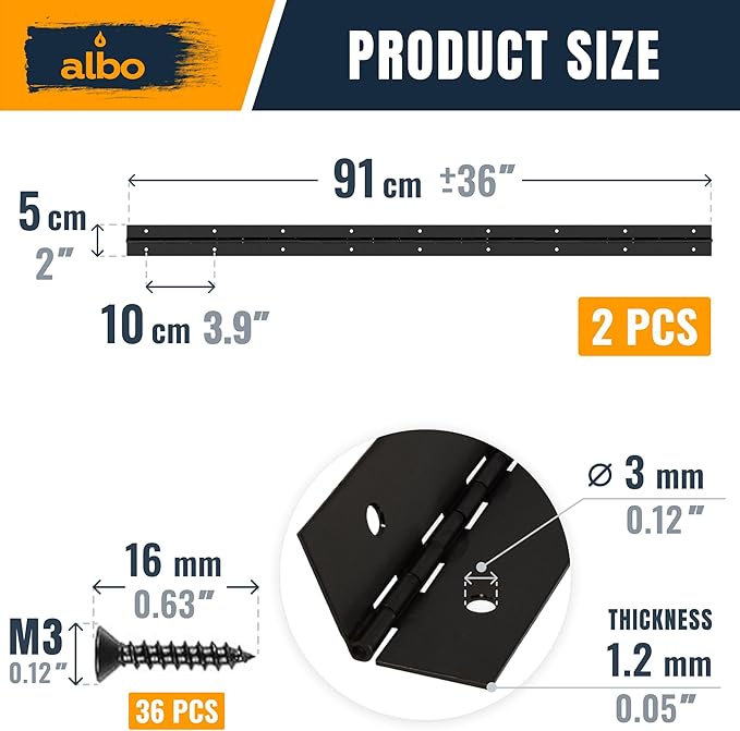 ALBO 36 Inch Black Heavy Duty Piano Hinge Continuous Stainless Steel 304 (2-Pack), Surface Mount Cabinet Hinges Matte Black 36"x2" for Piano Lid, Commercial Display & Industrial Cabinet
