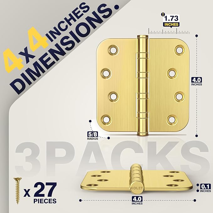 KOLET Ball Bearing Door Hinges, 4 x 4 Inches Brushed Gold Door Hinges, Heavy Duty Stainless Steel Hinges, 5/8'' Radius Corner, Smooth and Quiet, Non Removable Pin, Brushed Gold, 3 Pack