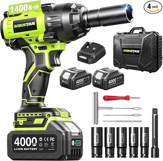 1032 ft-lbs(1400N.m) 1/2 Inch Cordless Brushless Impact Wrench | Includes 2x4.0Ah batteries and fast charger with 11pc tire repair kit, 3-speed, auto-stop, LED light, for car truck RV mower