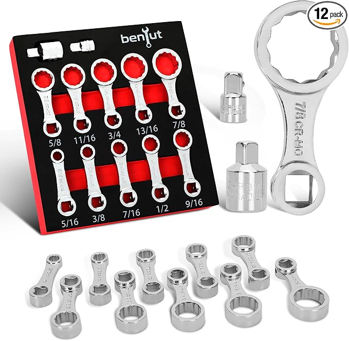 12PCS Torque Adapter Set SAE, 5/16", 3/8", 7/16", 1/2", 9/16", 5/8", 11/16", 3/4", 13/16", 7/8" Torque Wrench Extension Adapter, 3/8" Drive, 12 Point Box End, with 1/2" & 1/4" Adapters