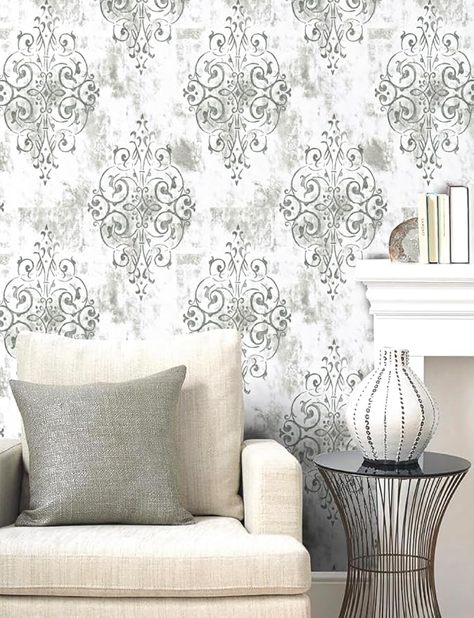 HAOKHOME Vintage Damask Peel and Stick Wallpaper White Vinyl Self Adhesive Decorative Contact Paper 17.7in x 9.8ft
