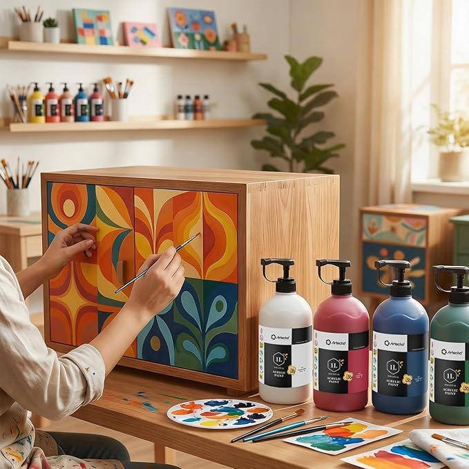 Artecho Sap Green Acrylic Paint 1000ml (33.8 fl oz) with Pump Dispenser – High Pigment for Exceptional Coverage, Large Bottle Craft Paint for Canvas, Wood, Rocks, Fabric, Ceramic – Non-Toxic