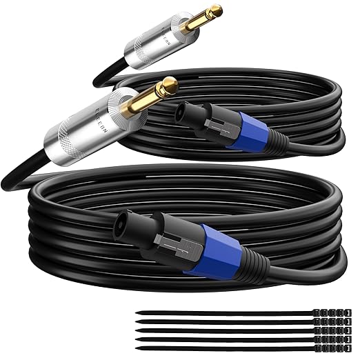Elecan Premium Speakon to 6.35MM 1/4 Inch TS Male Speaker Cable 50 Ft/2 Pack, 12AWG Heavy-Duty High Power Amp Audio Connection Cord DJ/PA Amplifier Cable Wire with Twist Lock, 9.5mm OD, Black +Ties