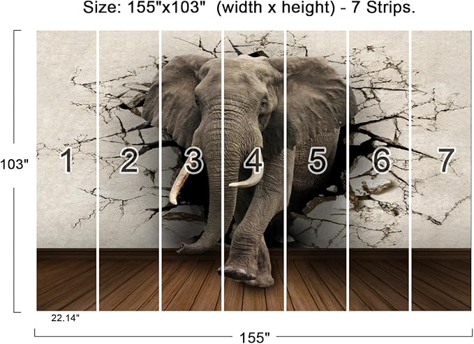 Wall Mural 3D Wallpaper - Elephant Design, 155" x 103" (Not Self-Adhesive)