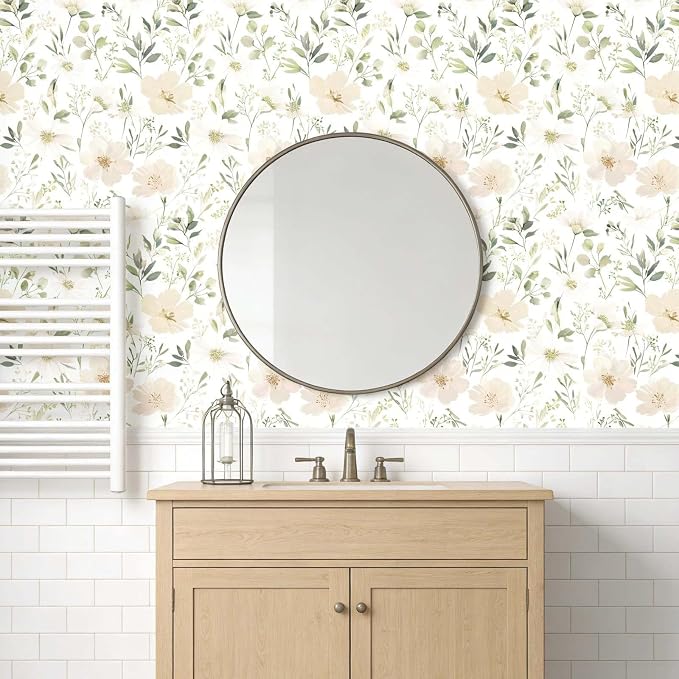Floral Peel and Stick Wallpaper 17.7in x 70.8in | Watercolor flower removable self adhesive design for cottagecore bedroom accent walls