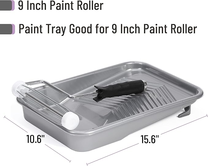 Bates- Paint Tray Set, 9 Inch, 62 pcs, 1x 9 Inch Paint Tray Liners, 60x Disposable Plastic Liners & 1x Roller Frame