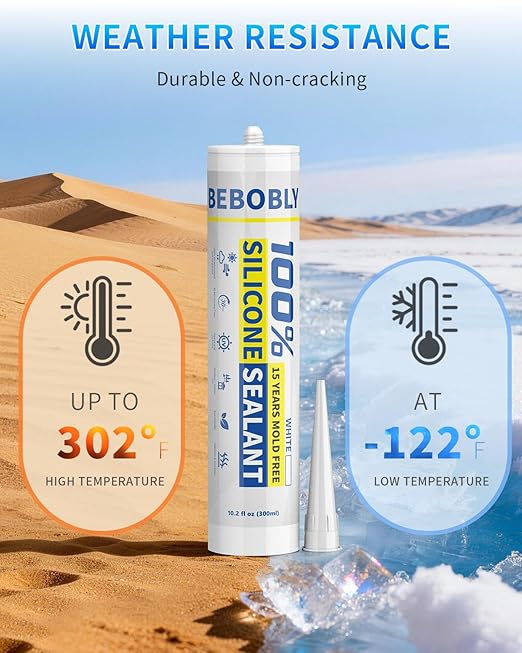 Silicone Caulk & Sealant White, 100% Waterproof Silicone Sealant, Shrink & Crack Proof, Silicone Caulking for Kitchen, Bathroom, RV, Interior & Exterior Use, 10.2 FL. OZ/300ML, 12 Pack