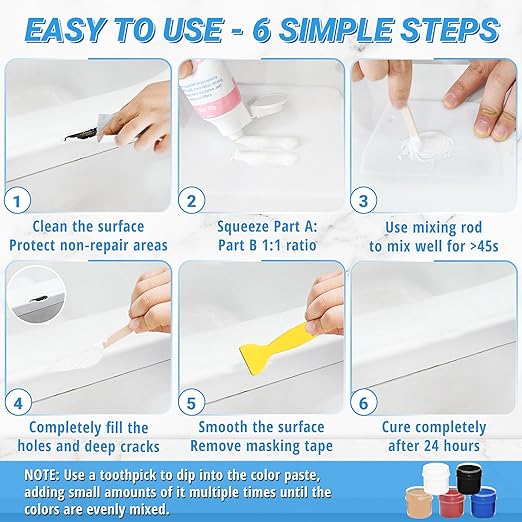 Bathtub Repair Kit 4.94oz (Color Match), TUFINEIN Porcelain Repair Kit for Fiberglass, Enamel, Ceramic, Acrylic Repair and Fix Chips, Cracks, Scratches, Holes on Tub/Tile/Sink/Shower Tray/Shower