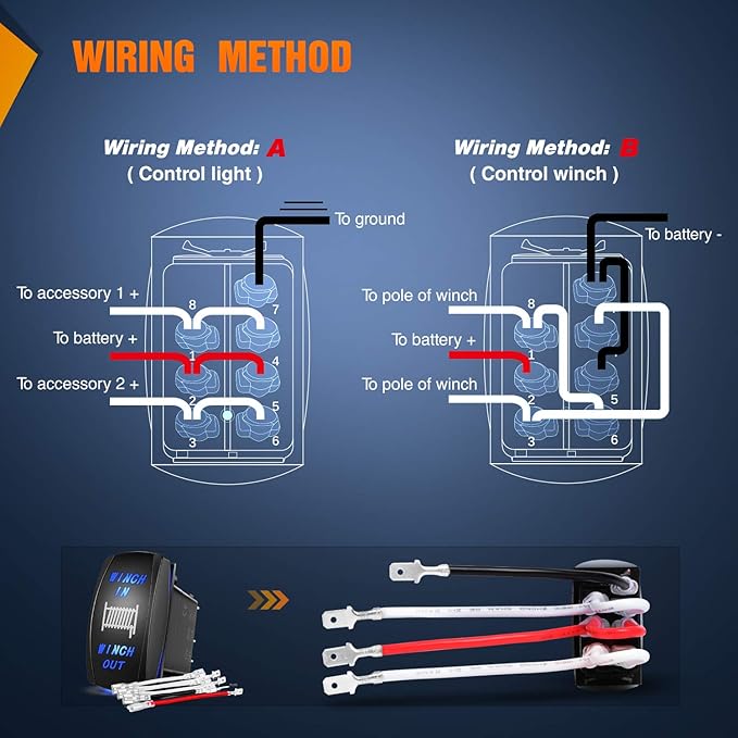 Nilight 90005B Momentary Laser Rocker Switch 7Pin Winch in Winch Wiring Harness Kit 20A/12V 10A/24V Switch Jumper Wires Set