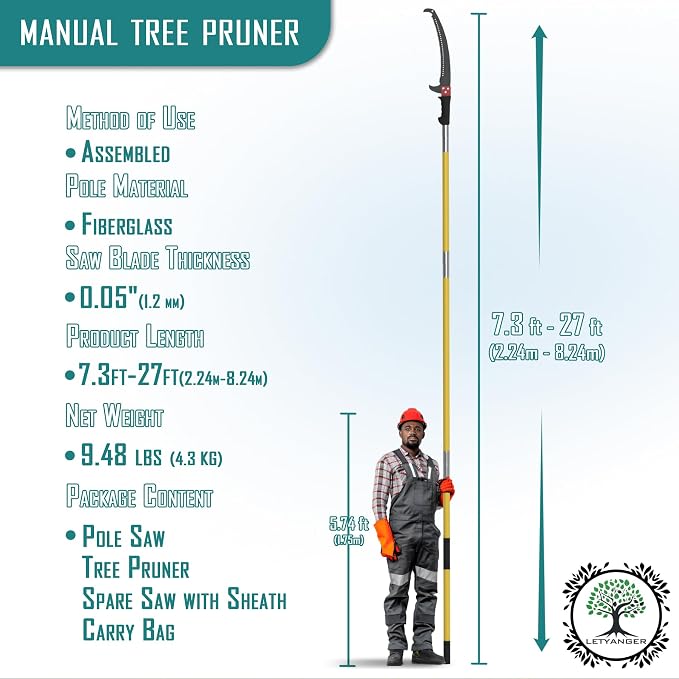 Pole Saws for Tree Trimming, 7.3-27 ft Extendable Tree Trimmers Long Handle Pruner, Sharp Steel Blade and Scissors High Branches Trimming, Tree Pruner, Tree Saw (7.3-27 ft with Scissors)