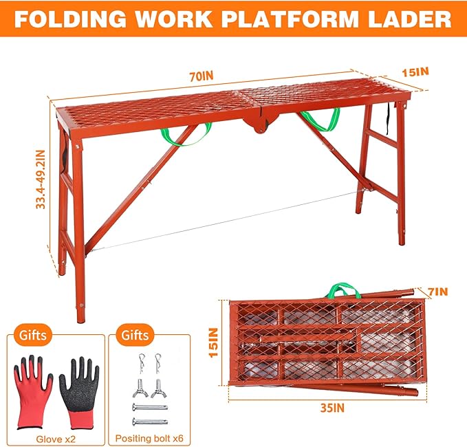 Adjustable Ladder Work Platform, 70(L) x15(W) x Adjustable Platform Ladder for Stairs, Home Portable Scaffoldding,770 Lbs Capacity