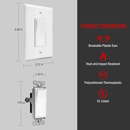 ENERLITES Decorator Light Switch, Single Pole, 15A 120-277V, Grounding Screw, Residential Grade, UL Listed, 91150-WMWP-10PCS, White with Mid-Size Wall Plates, 10 Pack