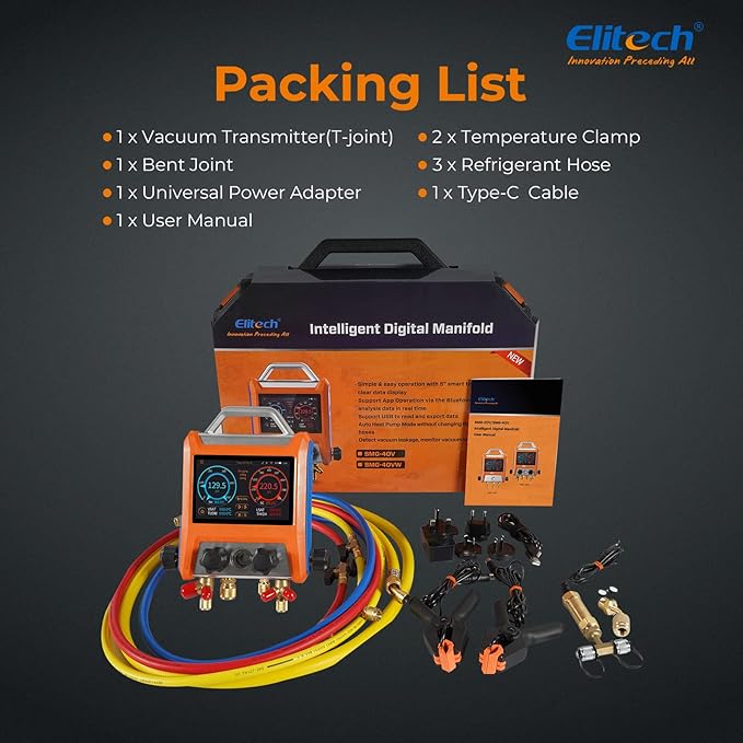 Elitech Digital Manifold Gauge HVAC 4 Valve Manifold Gauge with Hoses Vaccum Sensor Thermometer Clamps, EMG-40V