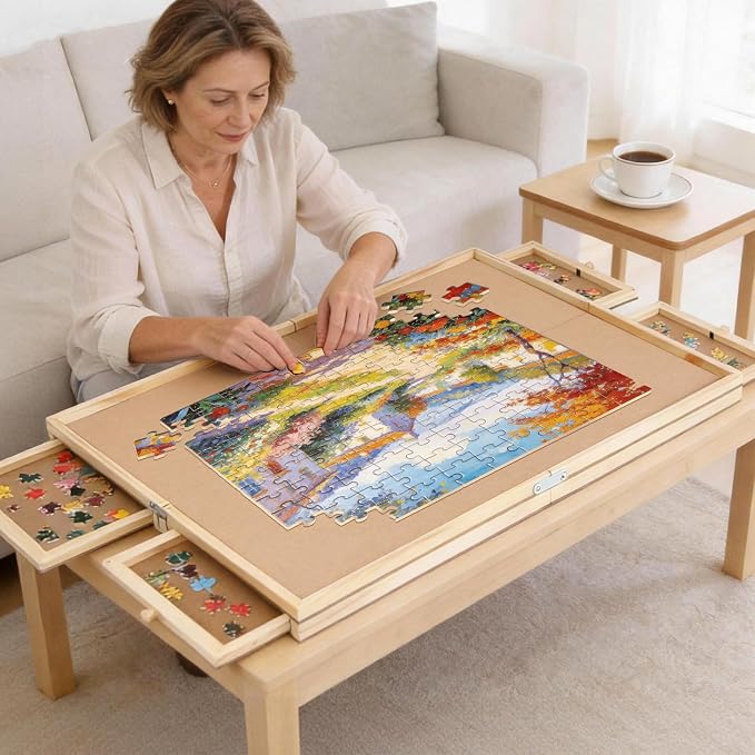 BuilderButler 1500 Pieces Assembly Required Rotating Puzzle Board with 4 Drawers, Lazy Susan & Transparent Cover, 30.7"x23.8" Portable Wooden Jigsaw Puzzle Table, Great Gift for for Puzzle Enthusiasts