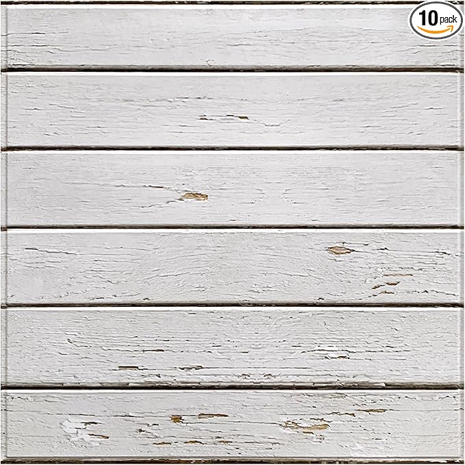 COMSTICKC Peel and Stick Faux Wood Wall Panels Shiplap Wall Sticker, 10 Pcs of 12" x 12", Ultra-Light Thin PVC 3D Fake Wood Adhesive Wall Covering Wallpaper Interior Decor, Vintage White Grain