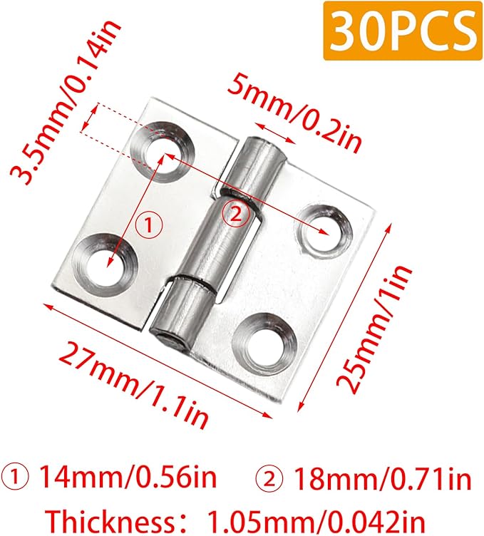 Pine & Linen 30 Pack Stainless Steel Folding Hinge, Butt Cabinet Hinge, Window Hinges Small Hinges with 120 Pieces Screws for Home Furniture/Cabinet Projects/DIY Enthusiasts（1 Inch）