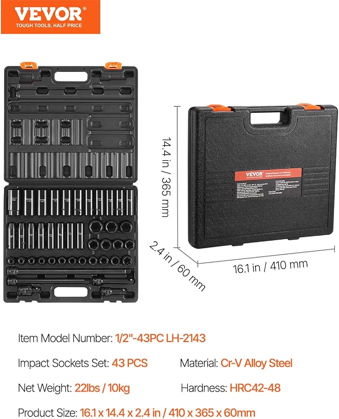 VEVOR Impact Socket Set, 1/2 Inches 43 Piece Impact Sockets, 1/2 Inches Drive Socket Set, High-torque Standard Socket Assortmen with 4 Extension Bars, 6-Point Sockets Metric 9-30mm (Standard/Deep)