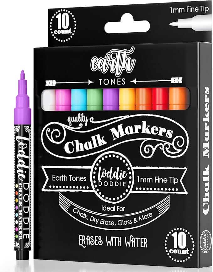 Loddie Doddie Liquid Chalk Markers - Pack of 10, Earth Tones, 1mm Tip - Chalk Pens for Blackboard Art - Non-Toxic Low-Odor Ink - Window Markers for Glass Surfaces