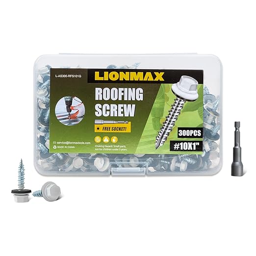 LIONMAX Metal Roofing Screws #10 × 1 Inch, 300-PCS, White Painted Hex Head Sheet Metal Roof Screws, Rubber Washer, Sharp Point, Metal to Wood Siding Screws, Hex Socket Included