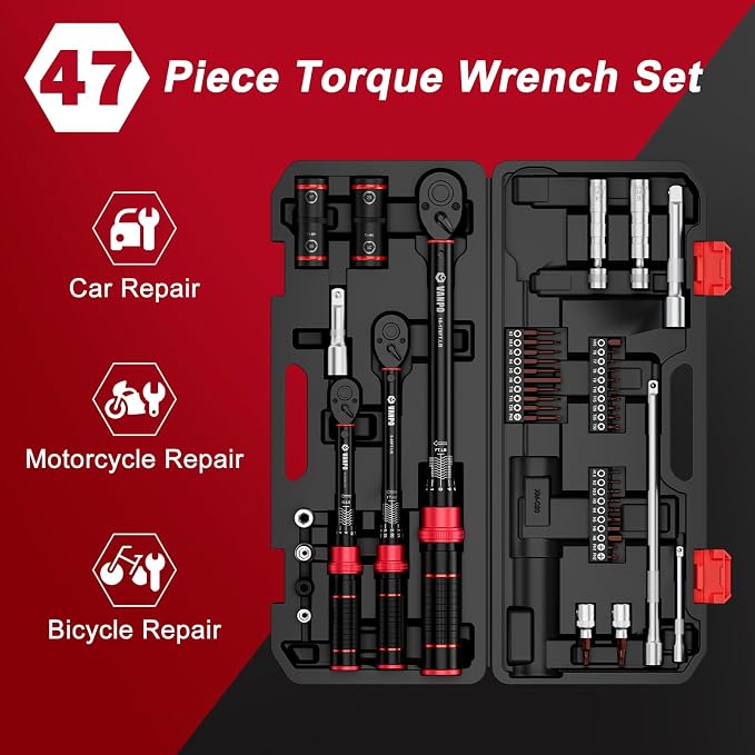 VANPO Torque Wrench Set, 1/4", 3/8", 1/2" Drive, 47-Piece, Click Type | 20–240 in-lb, 5–45 & 10–170 ft-lb for Lug Nuts, Car, Motorcycle & Bike Repair, with S2 Bits Wheel & Spark Plug Sockets, 72T