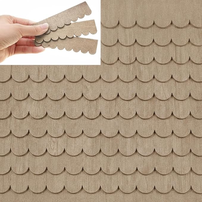 Wenqik 100 Strips Dollhouse Roof Shingles 4.25 x 1.14 Inches Each Mini Fish Scale Wooden Dollhouse Miniature Roofing for 1: 12 Scale Doll House Projects DIY Miniature Landscapes (Light Brown)