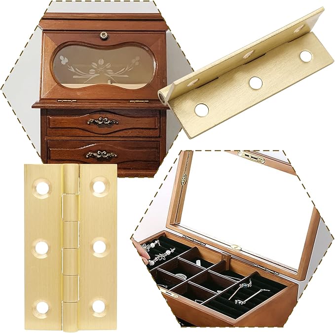 8pcs 2.5 Inch Brass Hinges, Mini Butt Hinge for Cabinet Door, Box, Jewelry, Wooden Box, Small Cupboard Furniture (Gold)