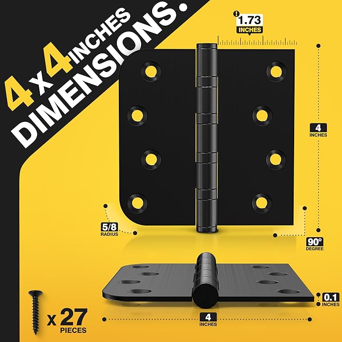 KOLET Ball Bearing Door Hinges, 4 x 4 Inches Door Hinges, Square and 5/8'' Radius Corner, Heavy Duty Stainless Steel Hinges, Smooth and Quiet, Non Removable Pin, Matte Black, 3 Pack