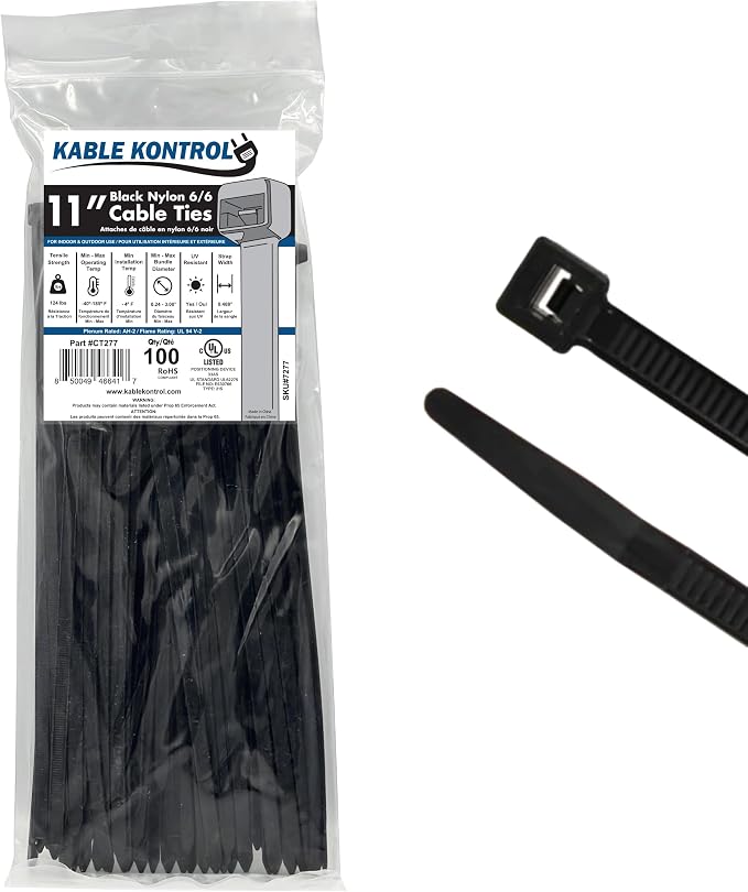 Kable Kontrol Heavy Duty Cable Zip Ties 100 Pcs 11 Inch Black, 120 Lbs Tensile Strength, Self-Locking UV Resistant Plastic Nylon Wire Ties, for Indoor or Outdoor Use