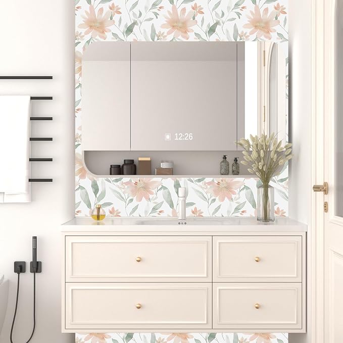 Light Color Floral Pink Flower Peel and Stick Wallpaper 17.5''x393'' | Self Adhesive/Removable/Waterproof/Thick Vinyl Contact Paper for Bathroom Bedroom Shelf Cabinet Drawer,Prepasted,Easy Peel