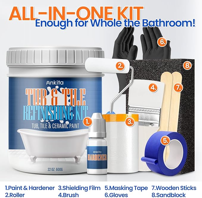 Specialty Tub and Tile Paint, Water-based Tub and Tile Refinishing Kit with Tools, Quick-Dry Tub Paint for Bathtub, No Odor Shower Paint, Bathroom Tile Paint, User-friendly on Tubs, Tile, Shower, Sink (Pure White)