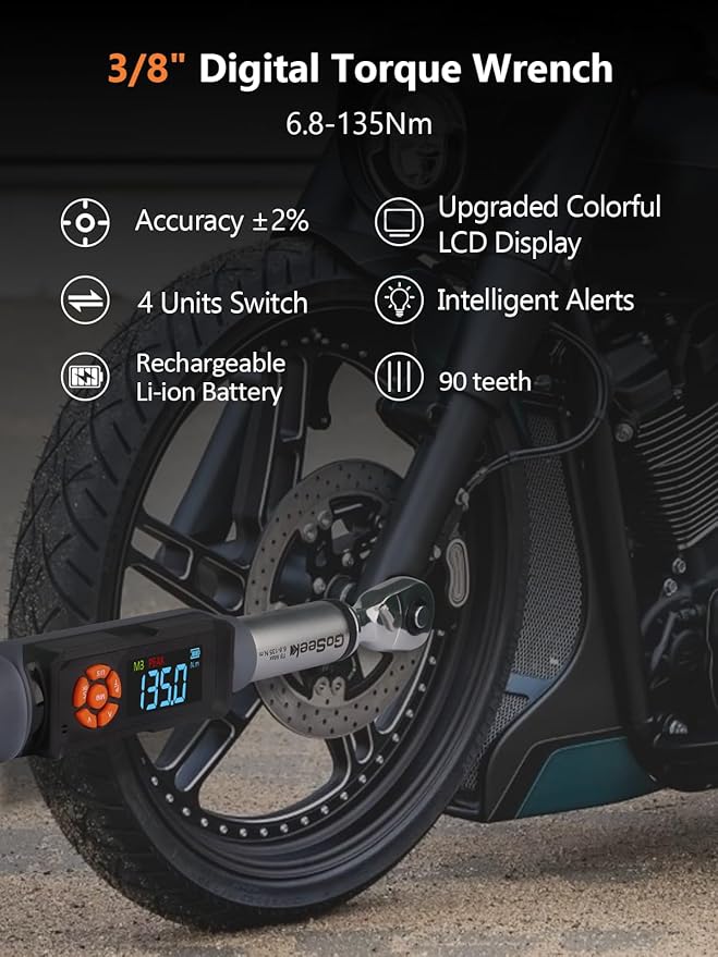 Goseek Upgraded Rechargeable Digital Torque Wrench, 5-99.6 Ft-lbs/6.8-135Nm, 3/8'' Drive Electric Torque Wrench Set with Buzzer & Colorful LED & Vibration for Car Motor Tire Repair