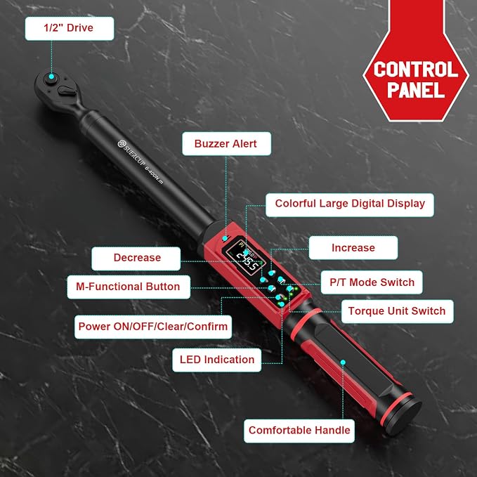 1/2" Digital Torque Wrench (4.4-295 Ft.lb / 6-400Nm) for Auto/Truck | ±1% Accuracy, Electronic Torque Wrench, Vibration/Buzzer/LED Alerts, 9 Presets & 5 Units, for Truck, Trailer & Heavy-Duty