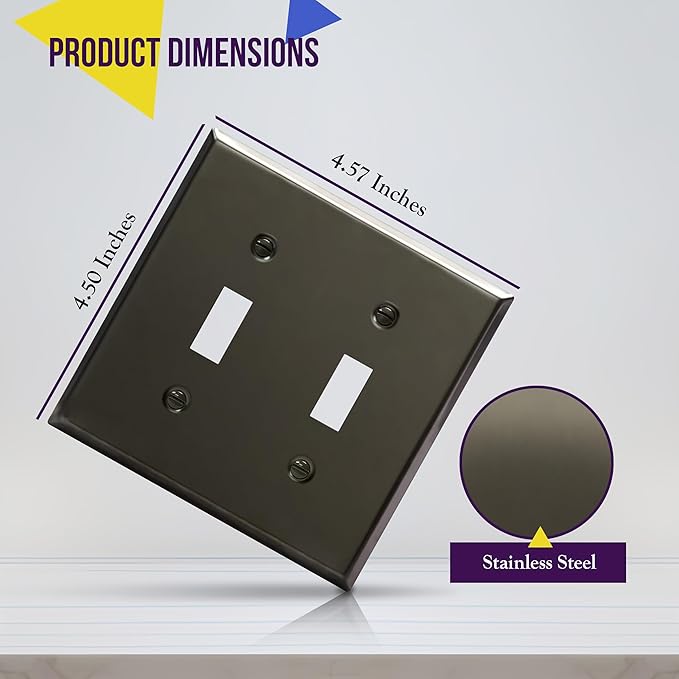 ENERLITES Toggle Light Switch Metal Wall Plate, Stainless Steel Switch Cover, Corrosion Resistant, Standrad Size 2-gang 4.50" x 4.57", Stainless Steel 201, 7712-PBK, Polished Black
